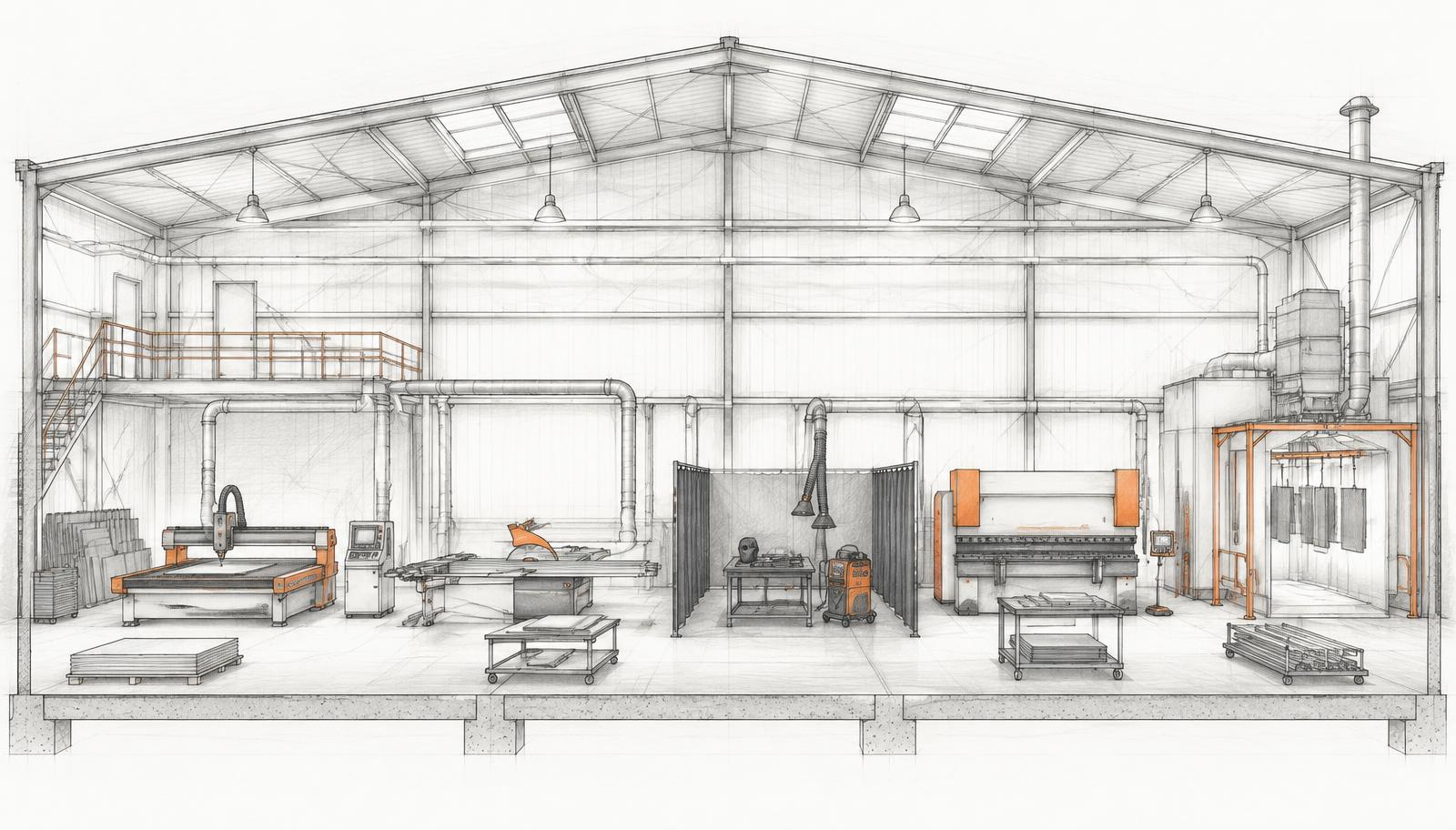 Architectural sketch of the Metal World workshop