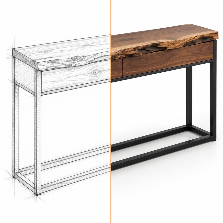 Sketch of a custom console table becoming the finished product